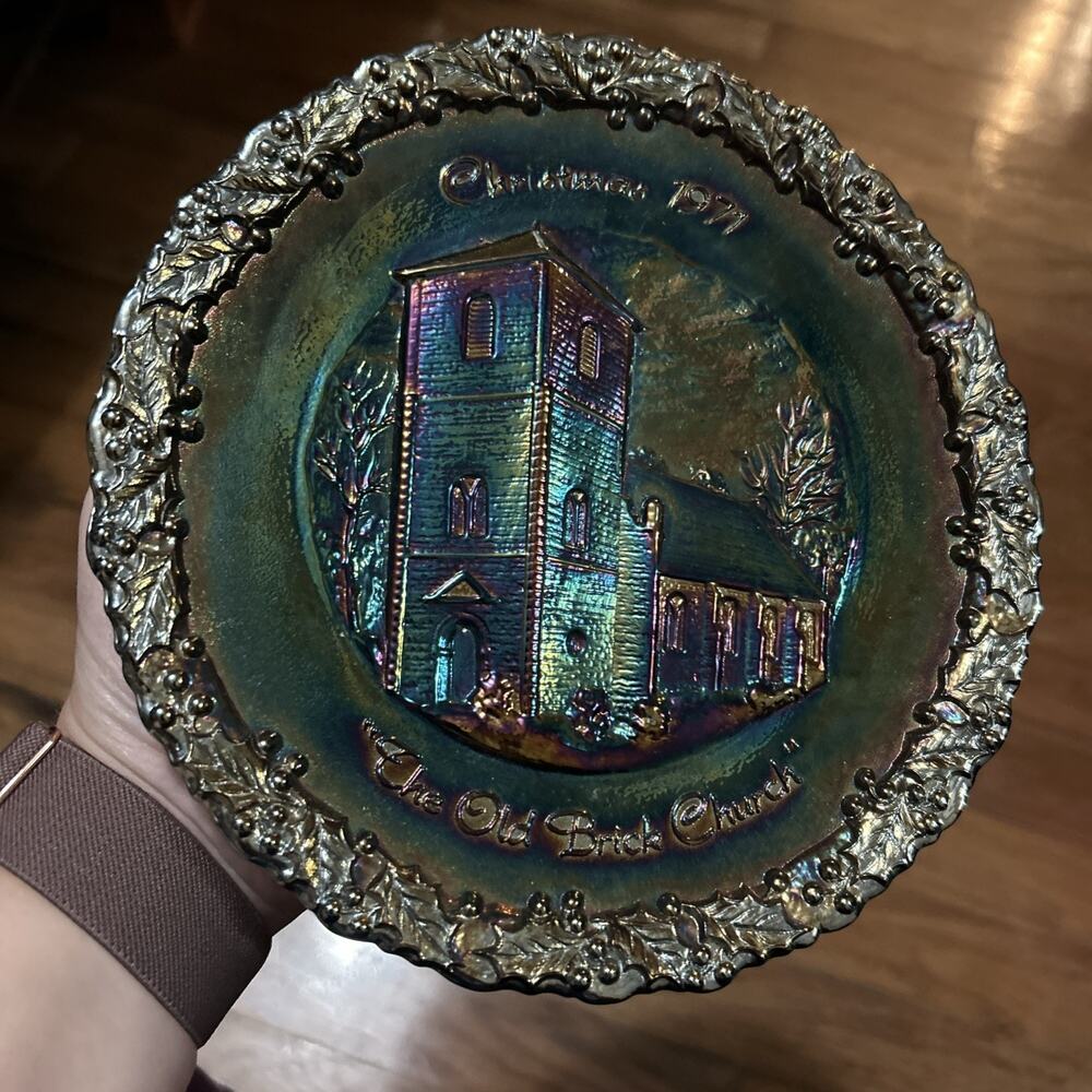 FENTON Christmas 1971 The OLD BRICK CHURCH Amethyst Carnival Glass Plate No. 2